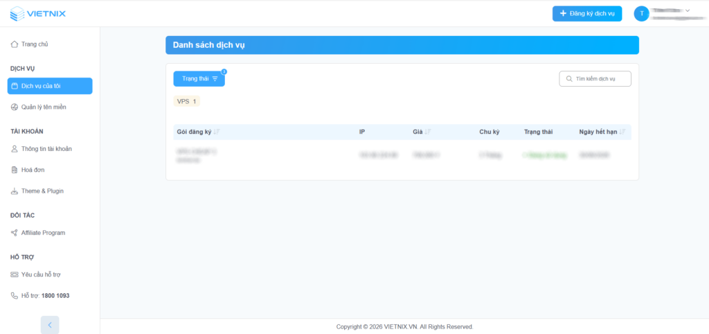 Giao diện quản trị VPS Vietnix lần đầu dùng của Torin