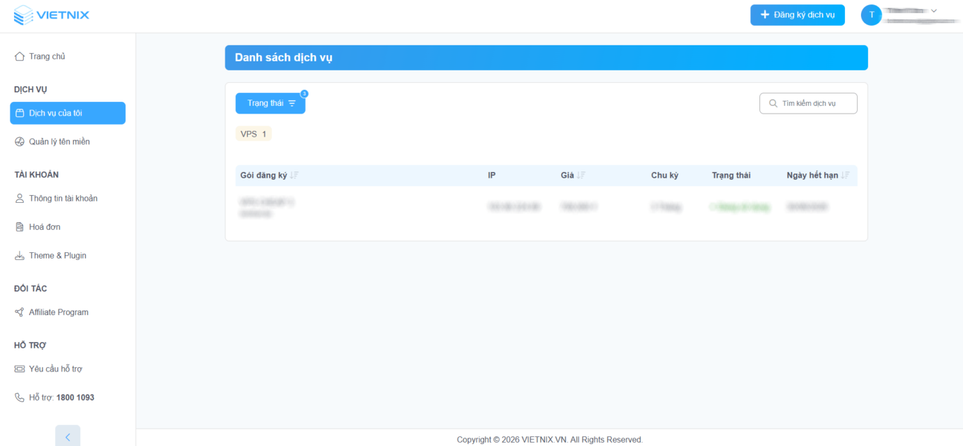 Giao diện quản trị VPS Vietnix lần đầu dùng của Torin