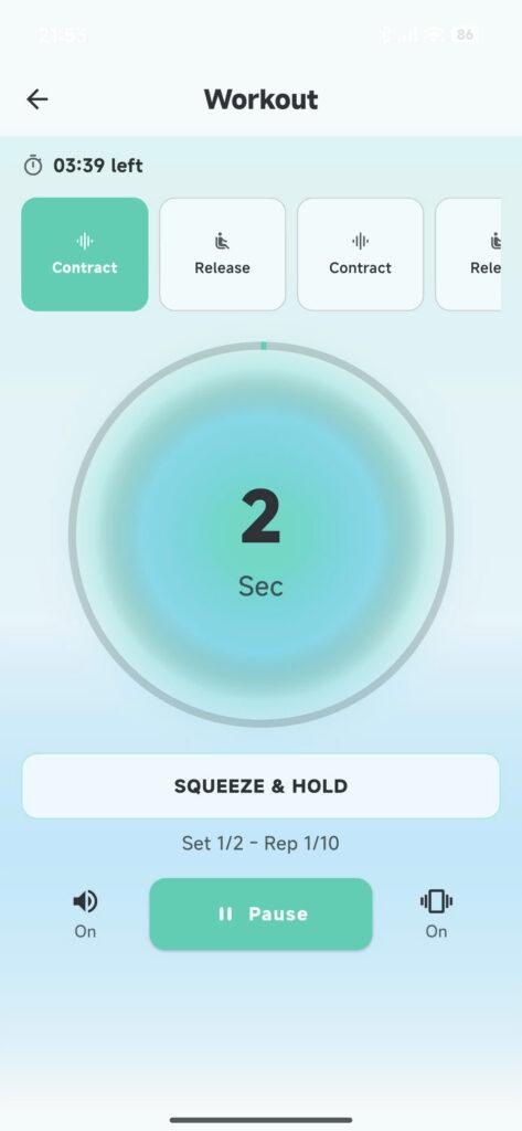 Keggo session screen with circular timer and squeeze hold relax rest timeline